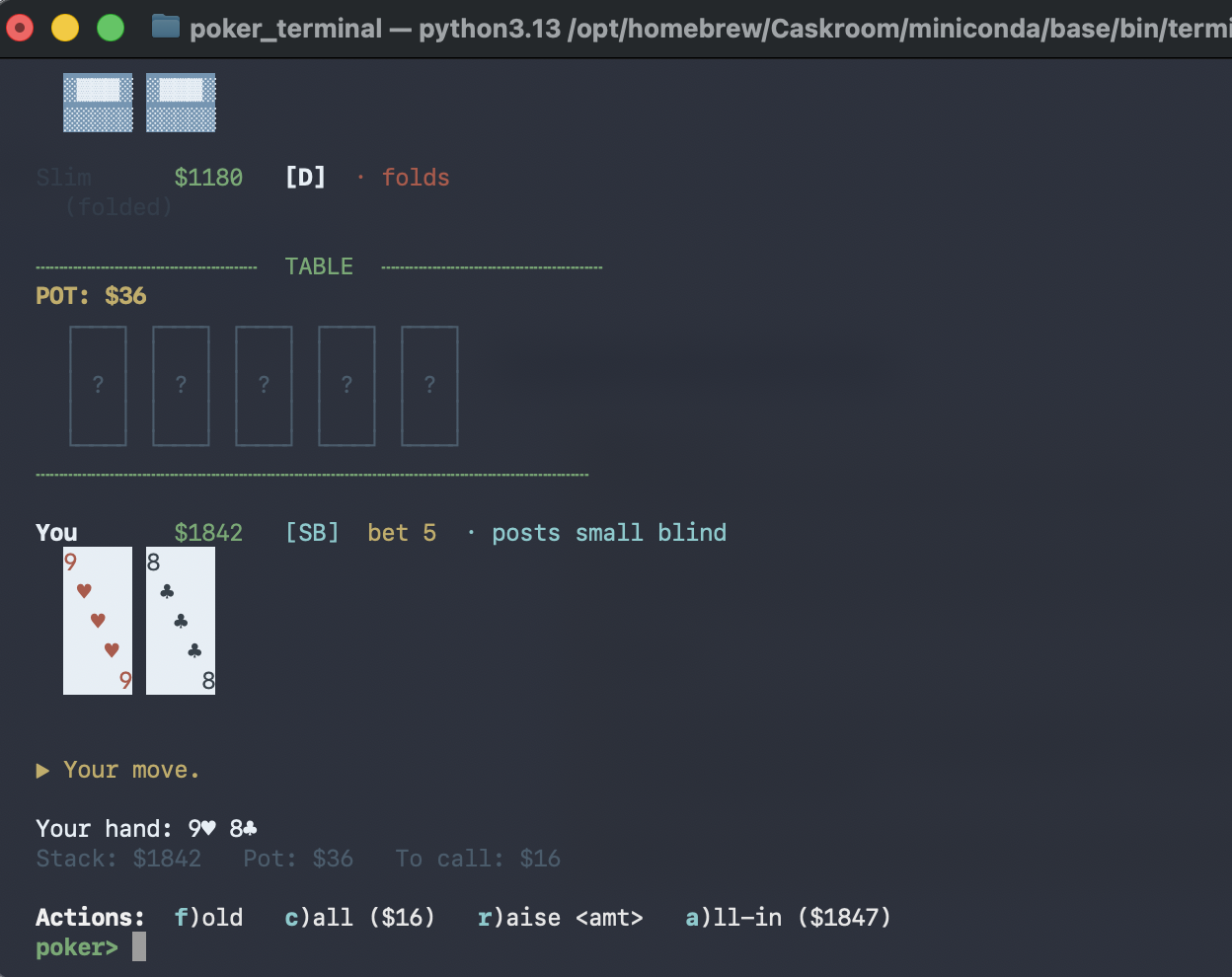 Terminal Poker gameplay: rendered hole cards, the dealer button, pot, and action prompt running in a real terminal